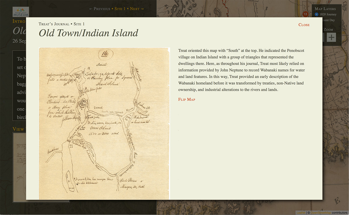 Treat's journal showing map of first site